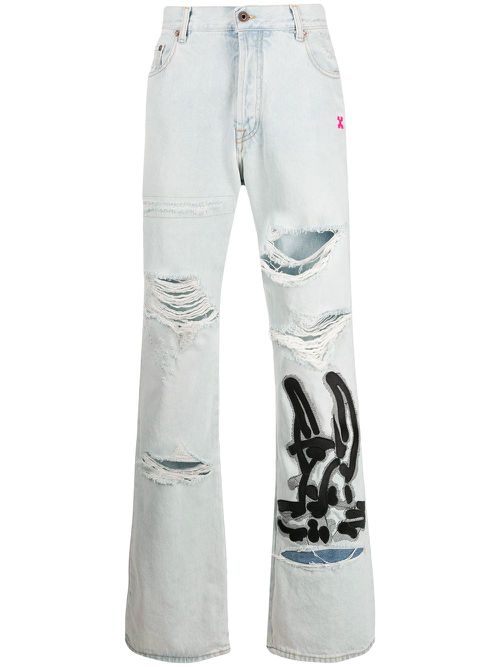Bunny-print bleached-effect jeans - Blue
