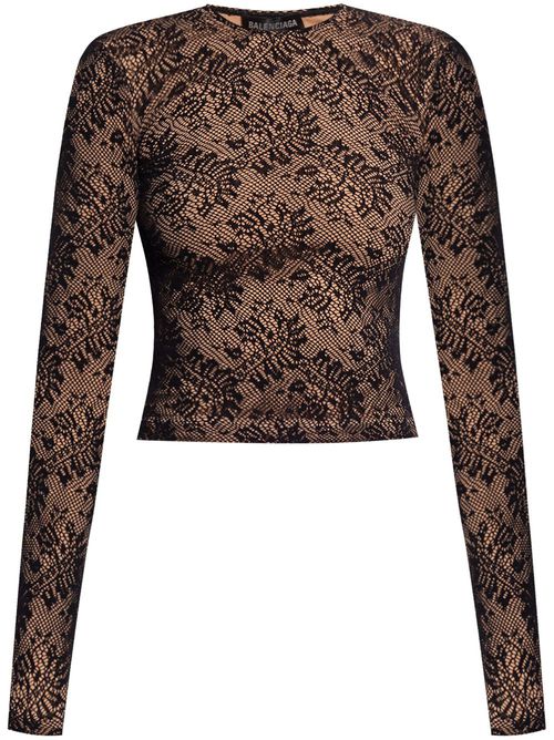 Lace effect long-sleeved top - Black
