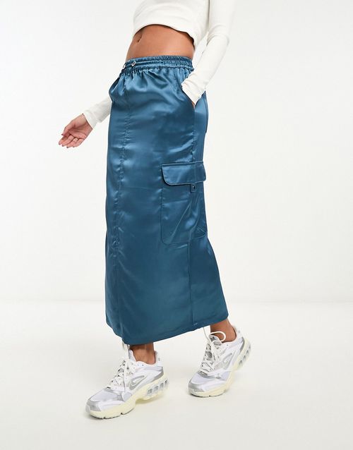 Satin cargo midi skirt in mid blue