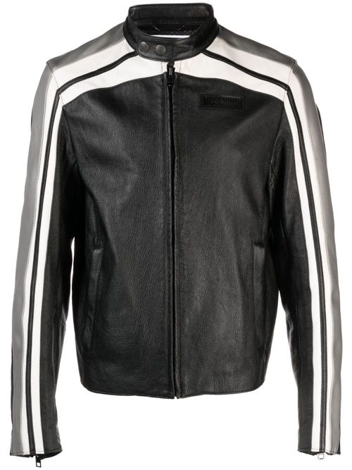 Logo-patch leather biker jacket - Black