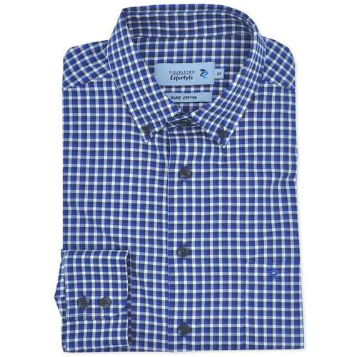 Double Two Royal Blue Oxford Weave Check Long Sleeved Casual Shirt for Men - Navy / 5 X-Large