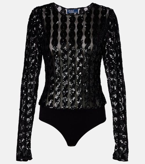 Sequined mesh and jersey bodysuit