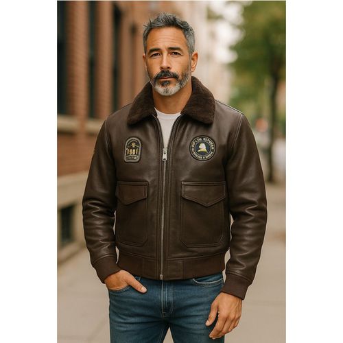 Infinity Leather Mens Brown Bomber Sheepskin Collar G-1 Aviator Jacket - Ararat Lamb Leather