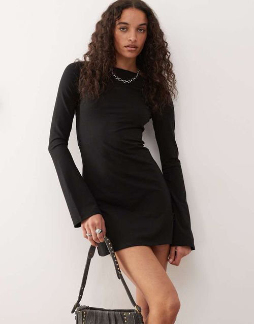 Boat neck long sleeve mini dress in black