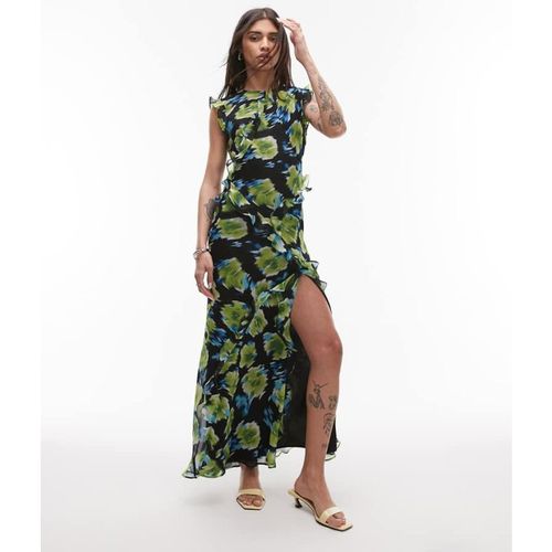 Topshop Womens high neck open back frill maxi dress in blurred blue flora