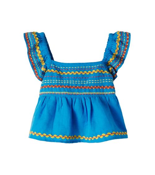 Embroidered shirred linen and cotton top