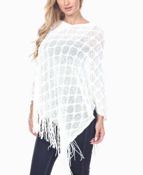 Women's Open Knit Fringe Poncho Sweater - White