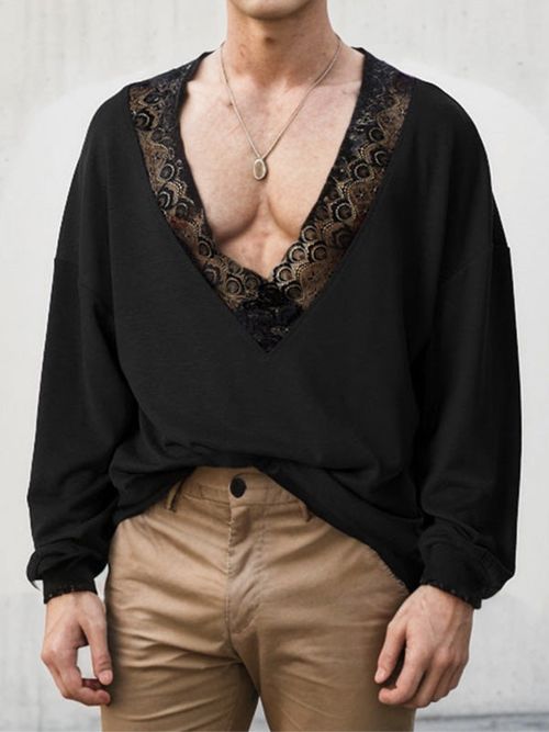 Mens Lace Patchwork Textured Pullover Sweater SKUK81739 - Black / S