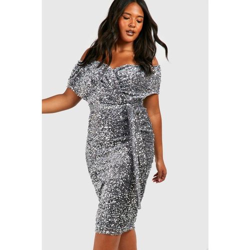 Boohoo Women's Plus Sequin Off-The Shoulder Wrap Midi Dress in Silver