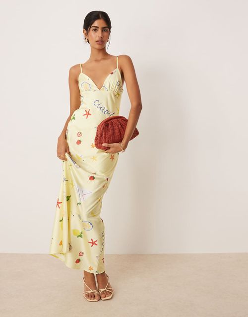 Huda slip maxi dress in yellow postcard print-Multi