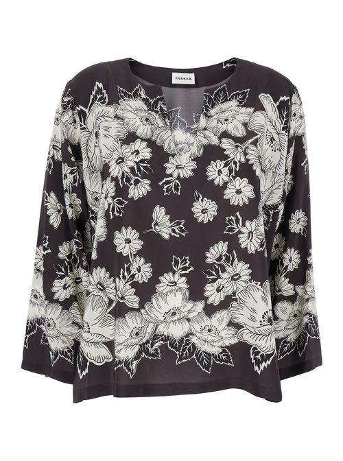White And Black Blouse With V-neck And All-over Floral Pattern In Silk Woman