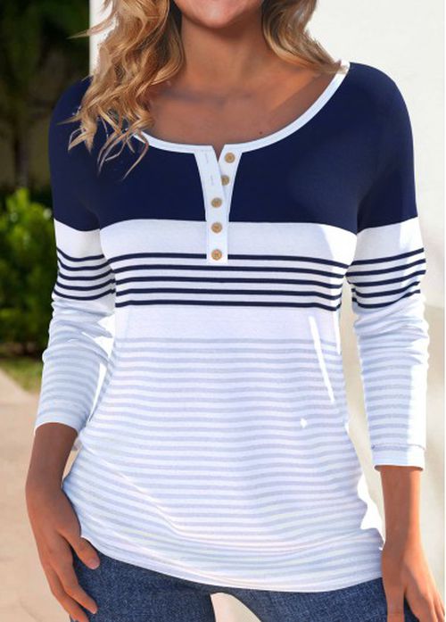 Modlily White Button Striped Long Sleeve Boat Neck T Shirt