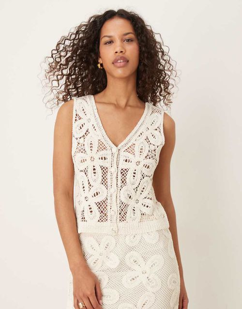 Premium floral crochet knit vest in cream - part of a set-White