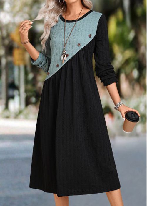 Modlily Black Patchwork A Line Long Sleeve Round Neck Dre