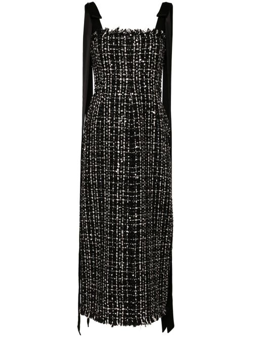 Satin bow strap detail tweed midi dress - Black