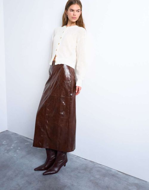Faux leather high shine midi skirt in brown