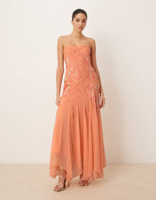 ASOS DESIGN bandeau floral embellished maxi dress in apricot-pink