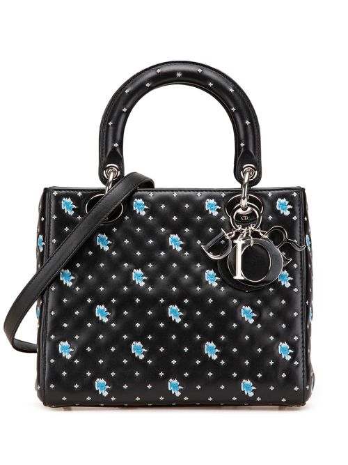 2015 Medium Calfskin Embroidered Flower Lady Dior satchel - Black