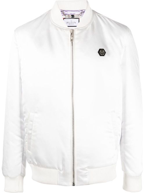 Skull-print satin bomber jacket - White
