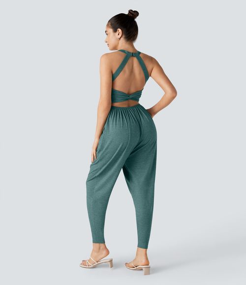 U Neck Pocket Harem Casual Jumpsuit-Easy Peezy Edition  - Jade Green Floral Yarn
