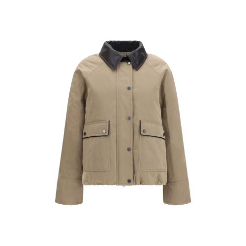 Padded Cotton with Leather Collar Jacket — Beige