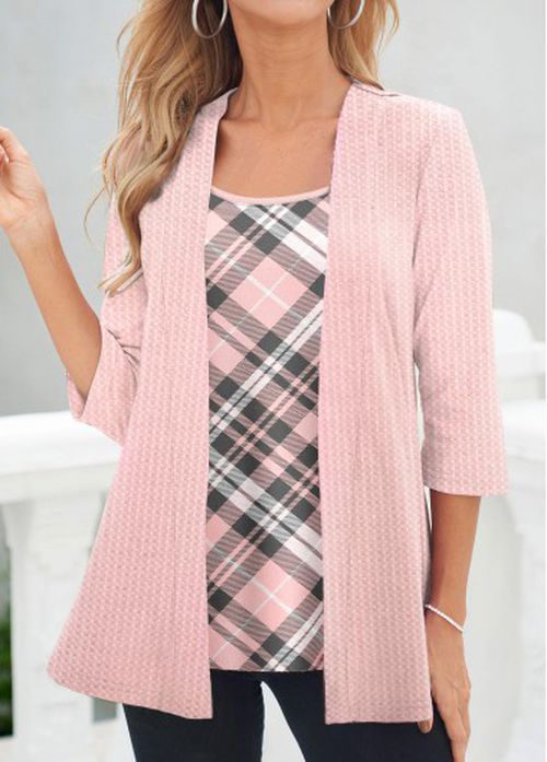 Modlily Women Pink Casual Tops Fake 2In1 Plaid Pink Mid Sleeve T Shirt