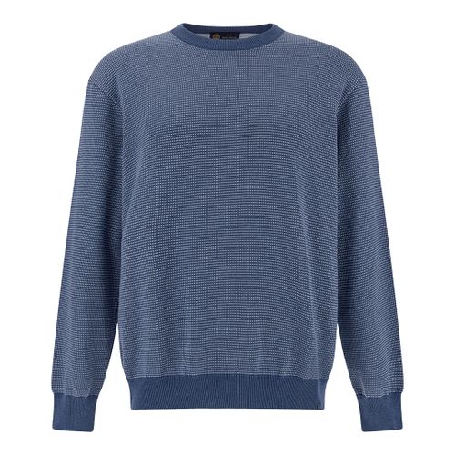 Crew‑neck sweater in silk and cotton with Aqualeather suede details, Man, Maui Blue/bright White