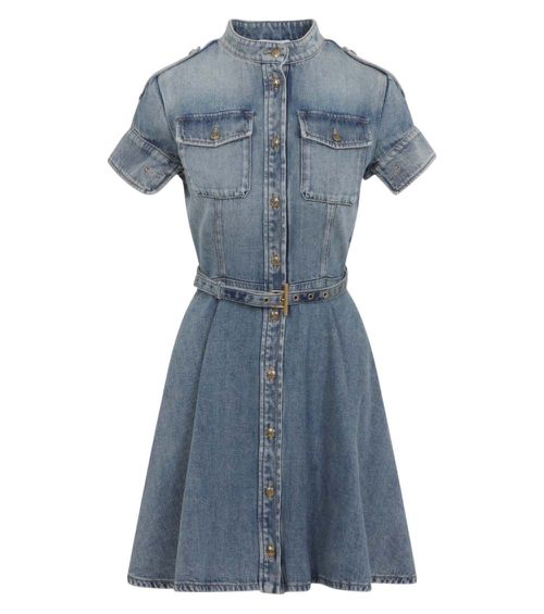 Light Blue Mock Collar Belted Mini Dress