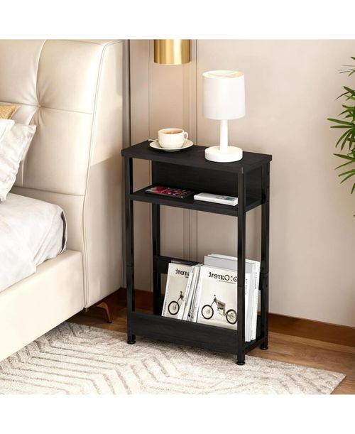 Slim Side Table Nightstand with Storage Shelf & Magazine Rack for Small Spaces