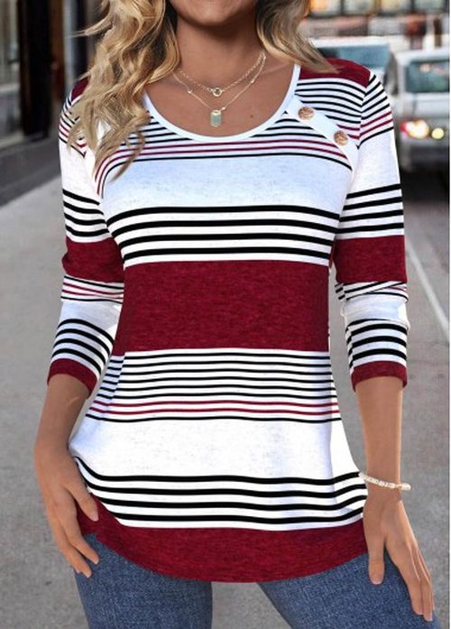 Modlily Deep Red Patchwork Striped Long Sleeve T Shirt