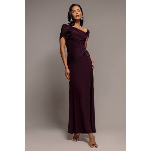 Goddiva Asymmetric Neck Gathered Waist Maxi Dress - Burgundy