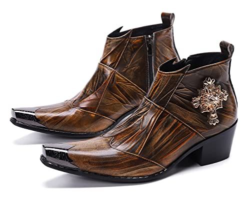 Santimon Mens Dress Boots Western Leather Fashion Brown Casual Pointed-Toe Metal Tip Shoes Red