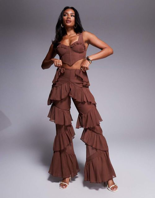 Boho chiffon ruffle trouser co-ord in chocolate-Brown