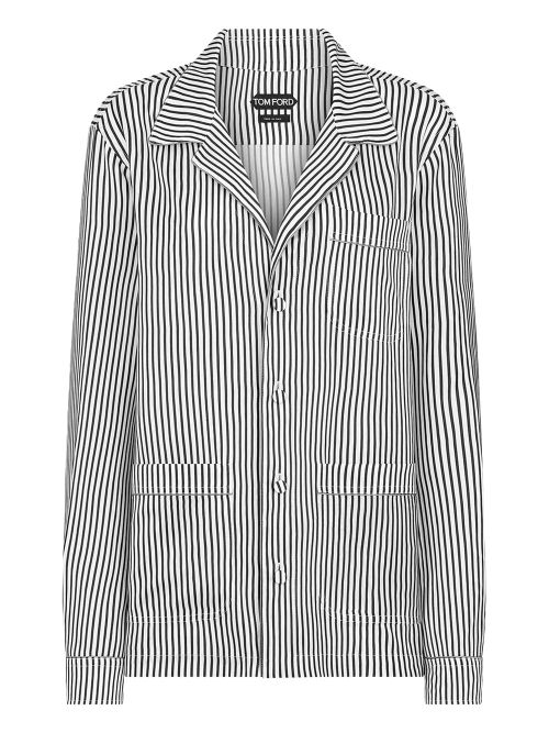 Striped Silk Pj Shirt With Piping And Tonal Tf Embroidered Logo