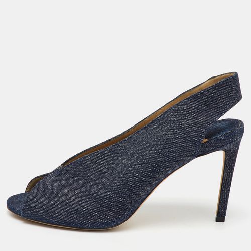 Navy Blue Denim Shar Peep Toe Slingback Pumps