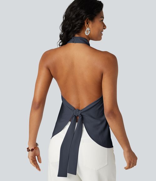 Backless Tie-back Casual Halter Top Tank Top - Fog Grey Blue
