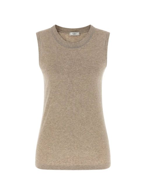 Ribbed Crew Neck Tank Top — Beige