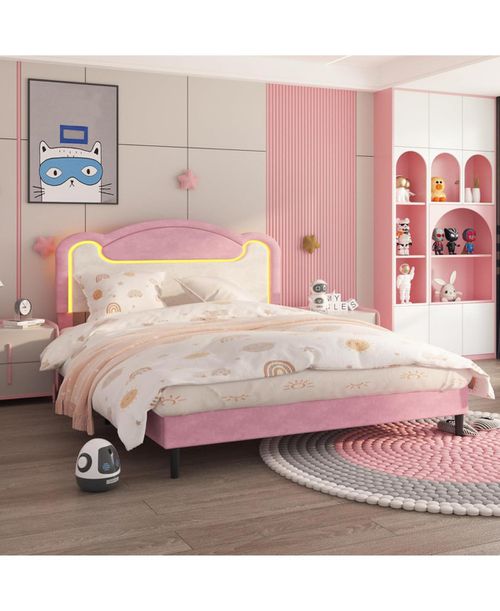 Full Upholstered Platform Bed with Led and Fabric Headboard, Princess Style, Wood Slats