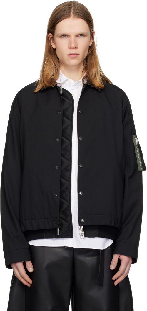 Black Suiting & Nylon Twill Bomber Jacket