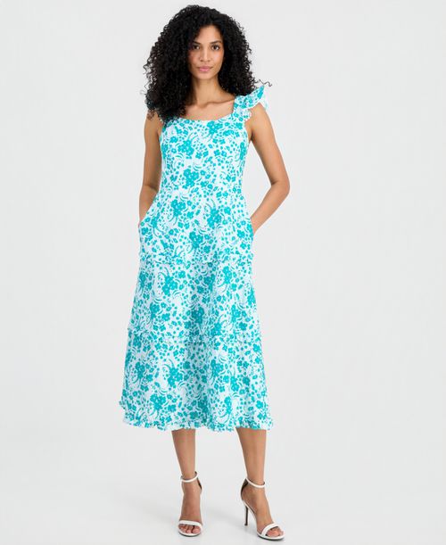 Women's Ruffled Tiered Midi Dress - BERYL GREEN/CRISP WHIT