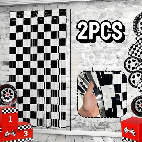 TEMU 2/4/6/10pcs Racing Car Birthday Party Supplies - 78x39 Inch Black And Foil Fringe Streamers, Colorful Balloons, Race Car Photo Booth Prop