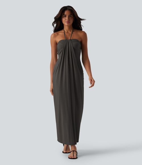 Halter Tie Back Maxi Dress with Pockets Casual Dress - Coffee Bean