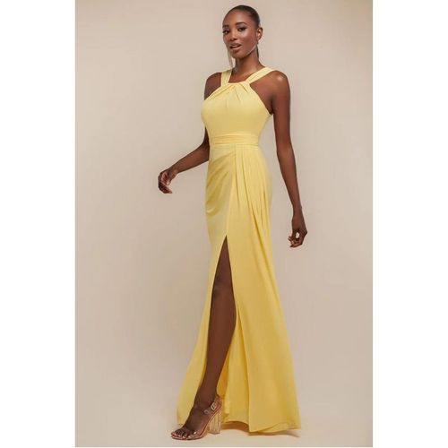 Halterneck Thigh Split Chiffon Maxi Dress - Lemon by Goddiva