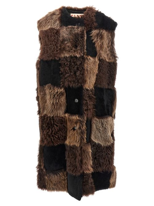 Checkerboard Lamb Fur Vest — Brown