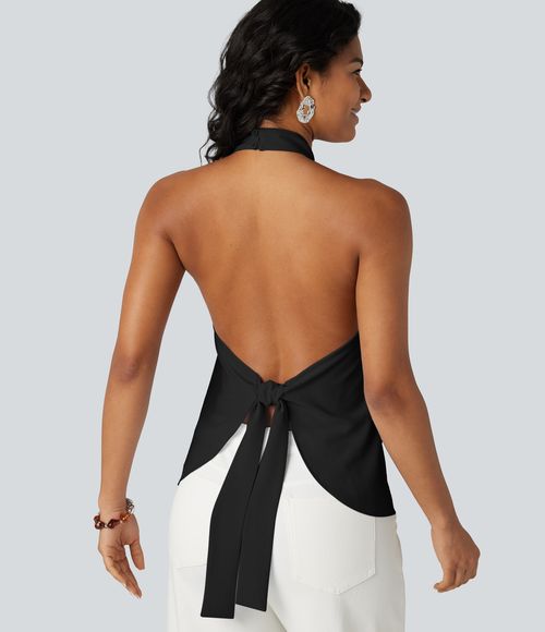 Backless Tie-back Casual Halter Top Tank Top - Black