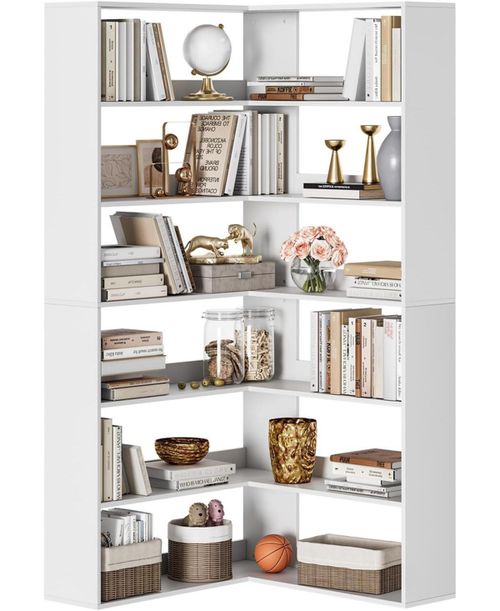 "70.9"" 6-Tier L-Shaped Corner Bookshelf with Baffles, Tall Storage and Display Rack - White"
