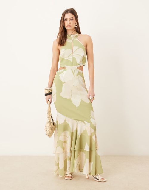 Pretty Lavish cut-out frill maxi dress in oversized olive floral-Multi