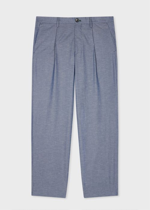Light Blue Slub Cotton-Blend Pleated Trousers
