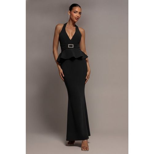 Goddiva Peplum Halter Neck Maxi Dress With Diamante Buckle - Black