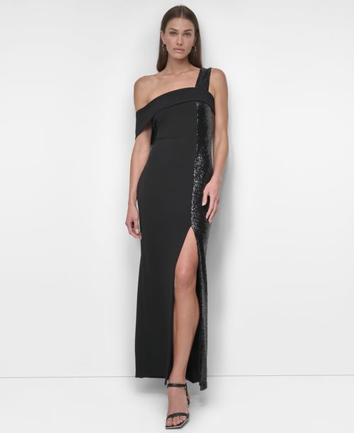 Women's One-Shoulder Sequin-Strip Gown - Black